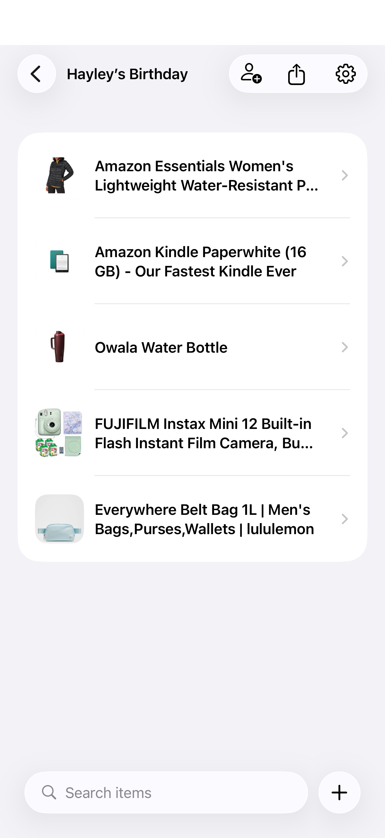 Luna’s iPhone app showing Hayley’s Birthday list, with a jacket, Kindle, bottle, camera, and bag