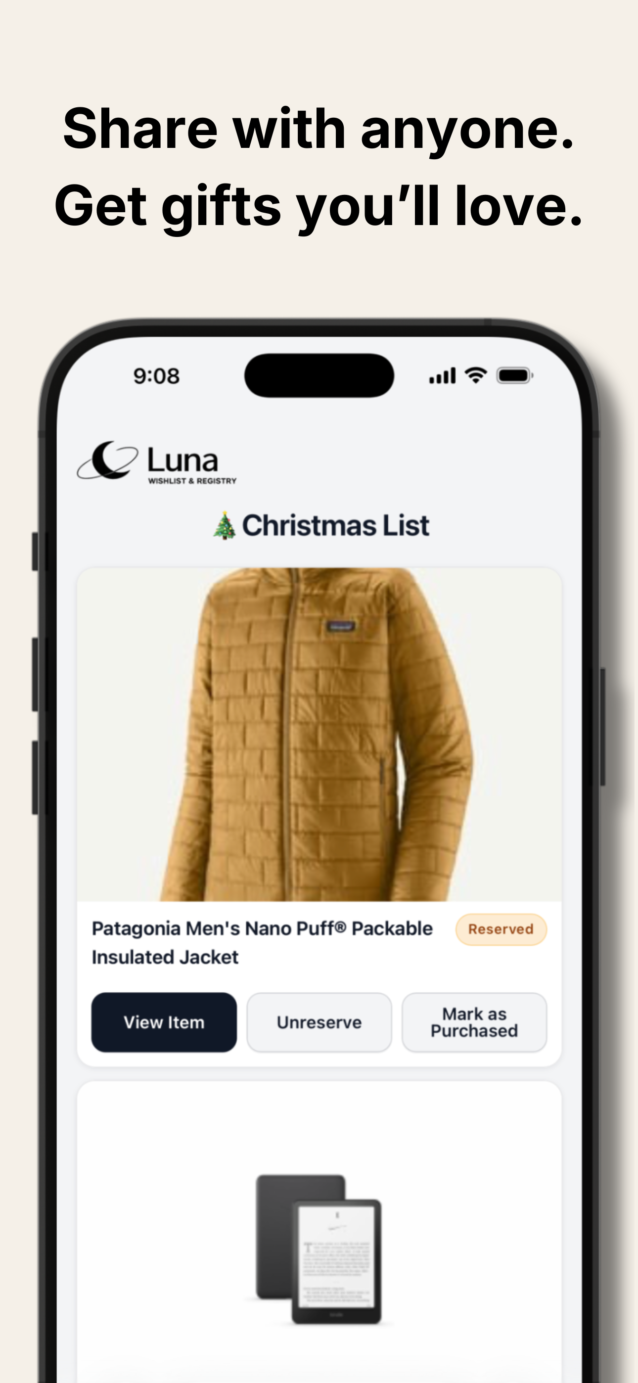 Luna gifter view showing a shared wishlist