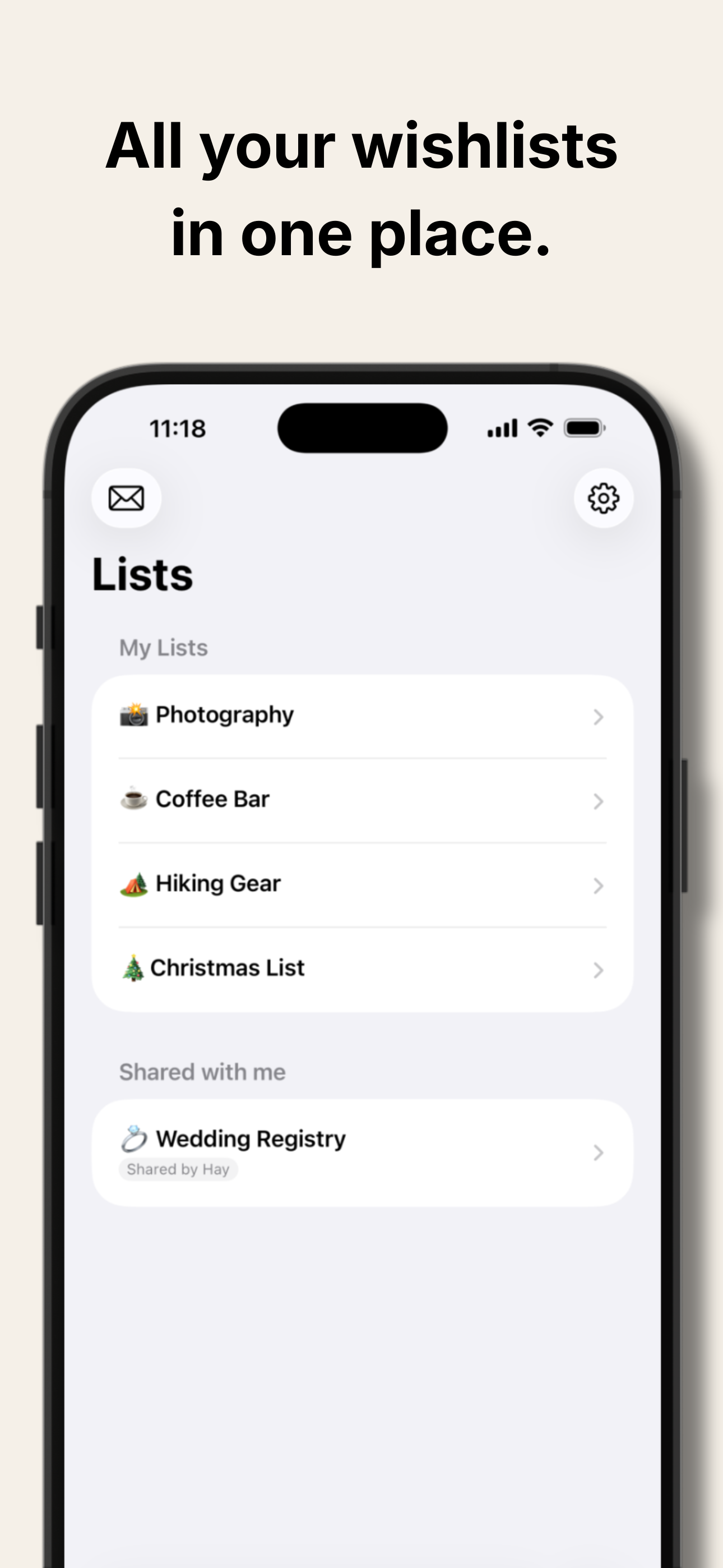 Luna app home screen showing multiple wishlists
