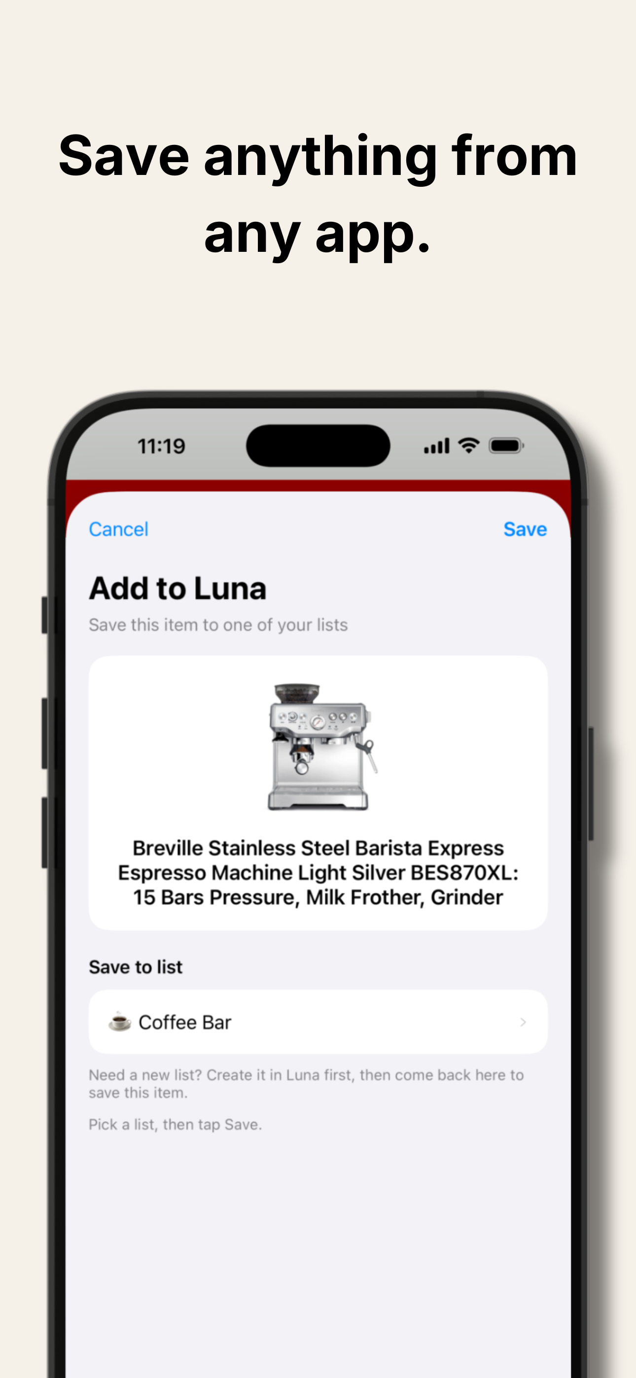 Luna share extension saving an item from another app